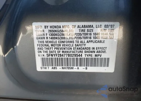 2007 Honda Pilot Ex from USA, damaged, VIN 5FNYF28477B029544